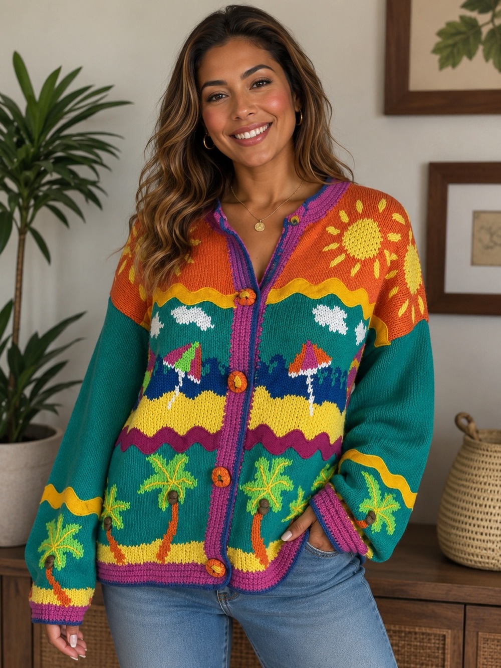 Vintage Marisa Christina Gold Label Ltd Ed Tropical Knit Cardigan Sweater M